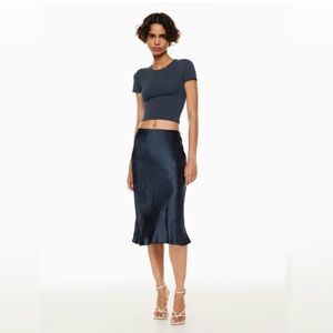 NWT Aritzia Babaton Slip Satin Midi Skirt in Navy Blue Size 8